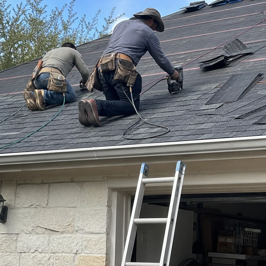 Two professional roofers installing shingles on a residential house roof.