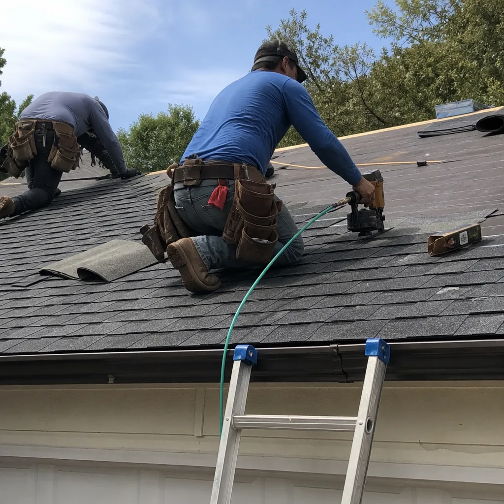 Two professional roofers installing new asphalt shingles on a residential roof