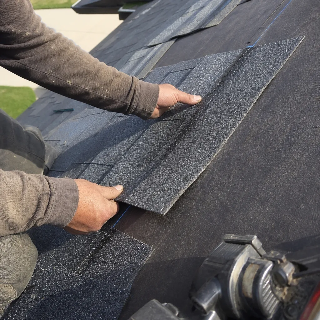 Roofing contractor installing asphalt shingles on a residential roof