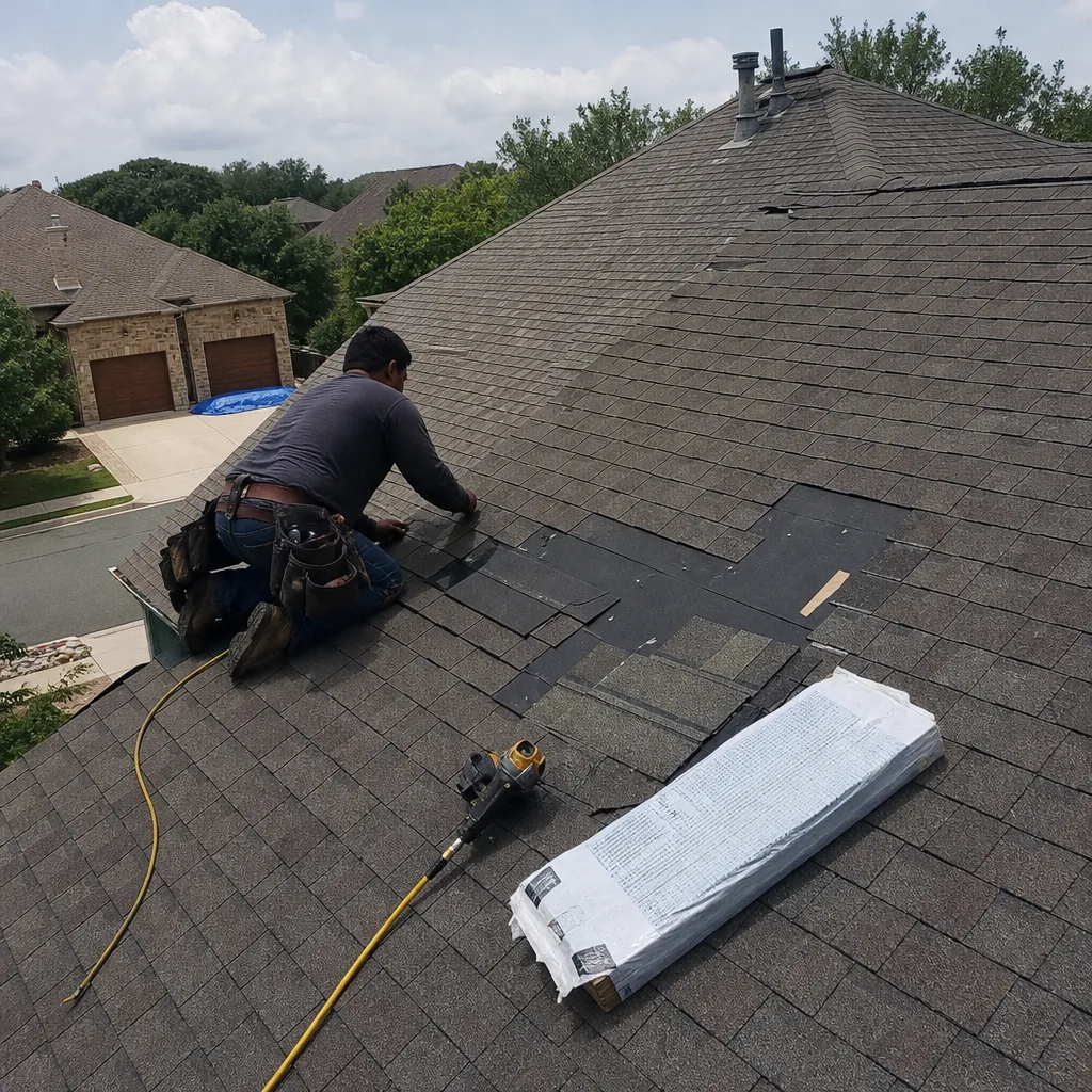 Professional roofer performing shingle replacement and roof repair on a home