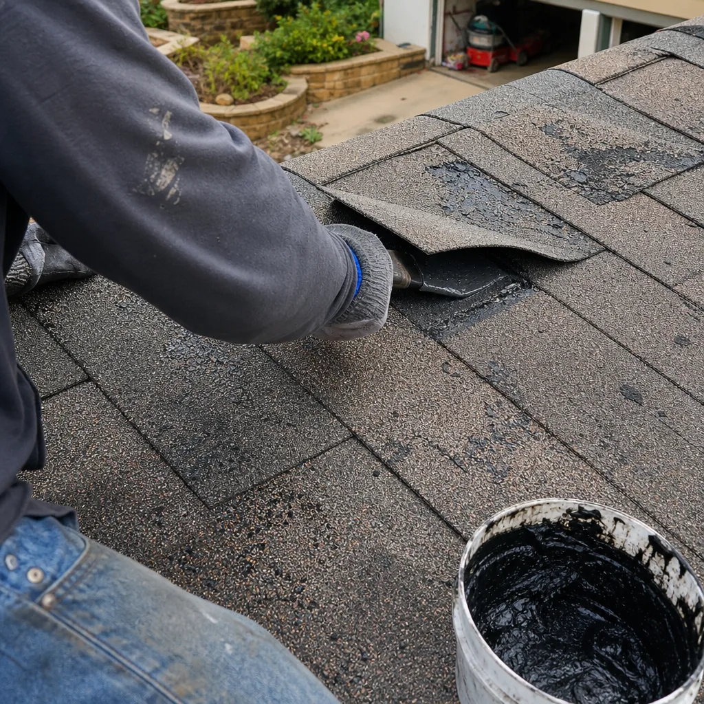 Roofing professional applying sealant during a shingle roof repair