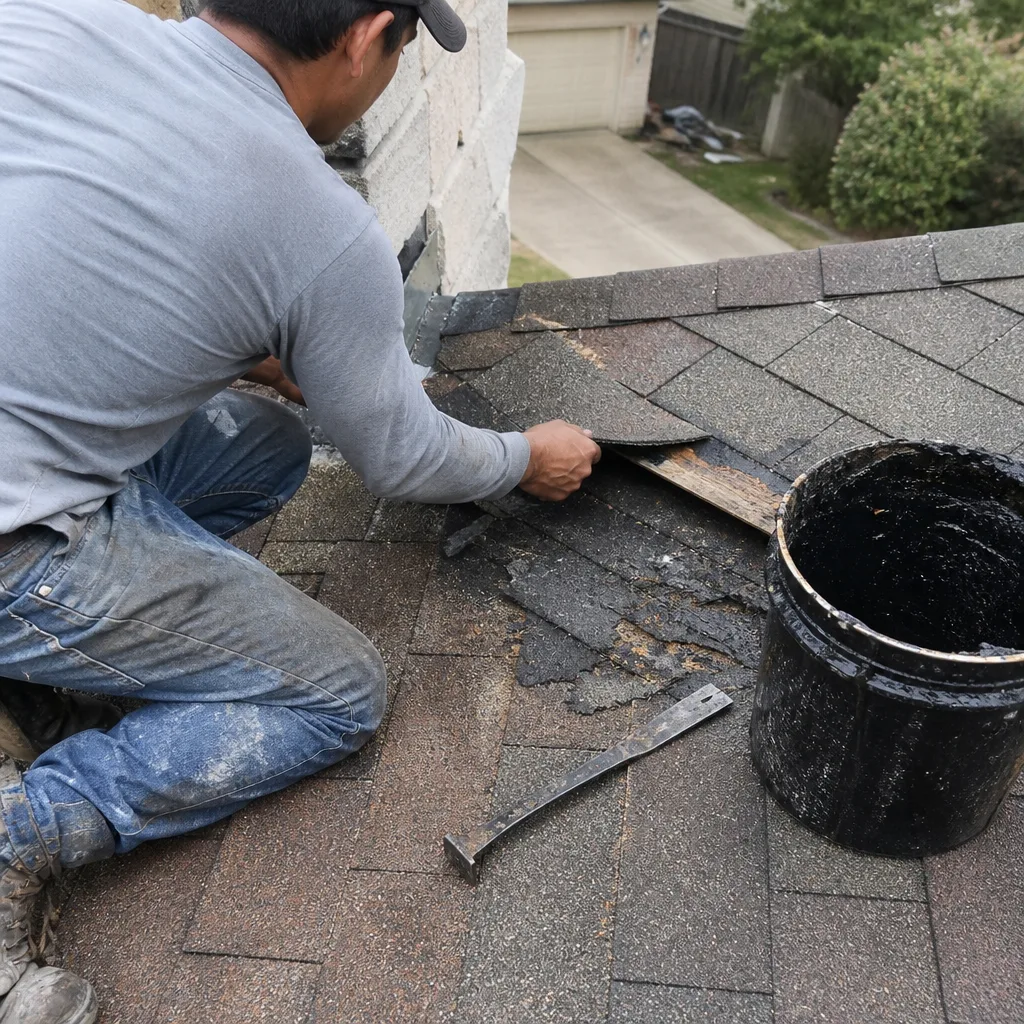 Roofing contractor repairing asphalt shingles on a residential roof