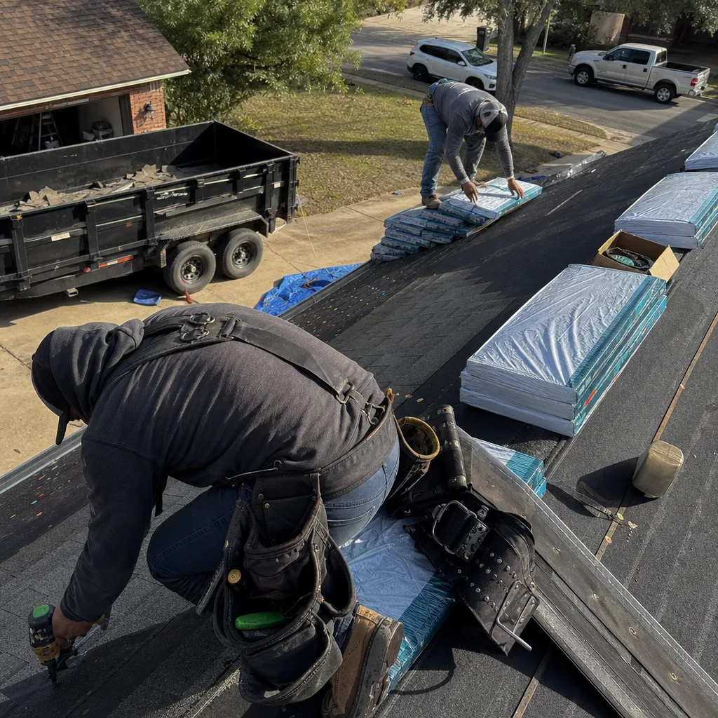 Roofers performing a professional roof replacement and shingle installation.