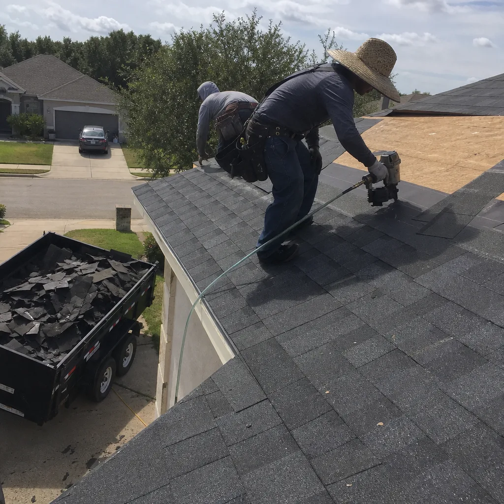 Roofers installing new asphalt shingles on a residential roof replacement project