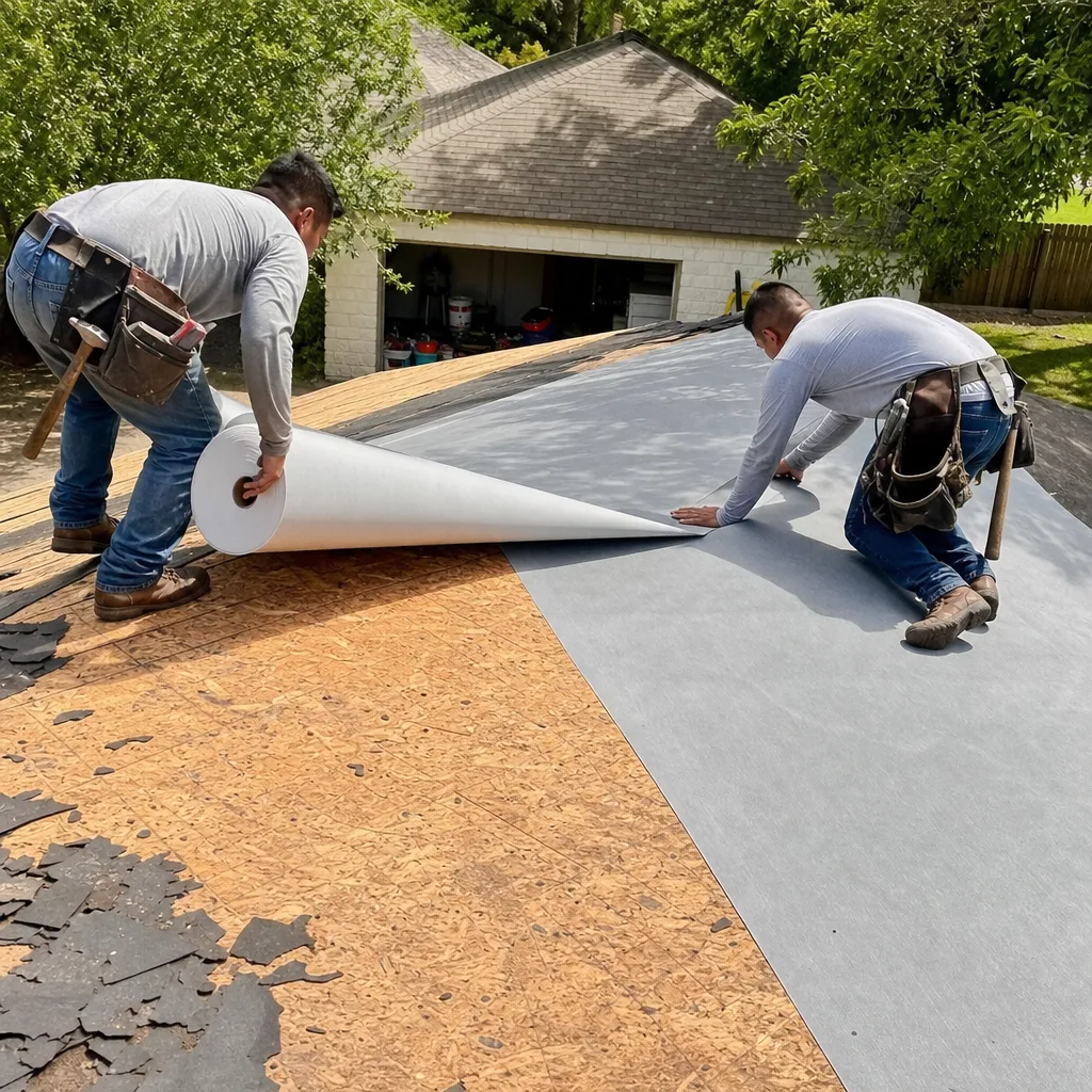 Two professional roofers installing synthetic underlayment on a residential roof replacement project